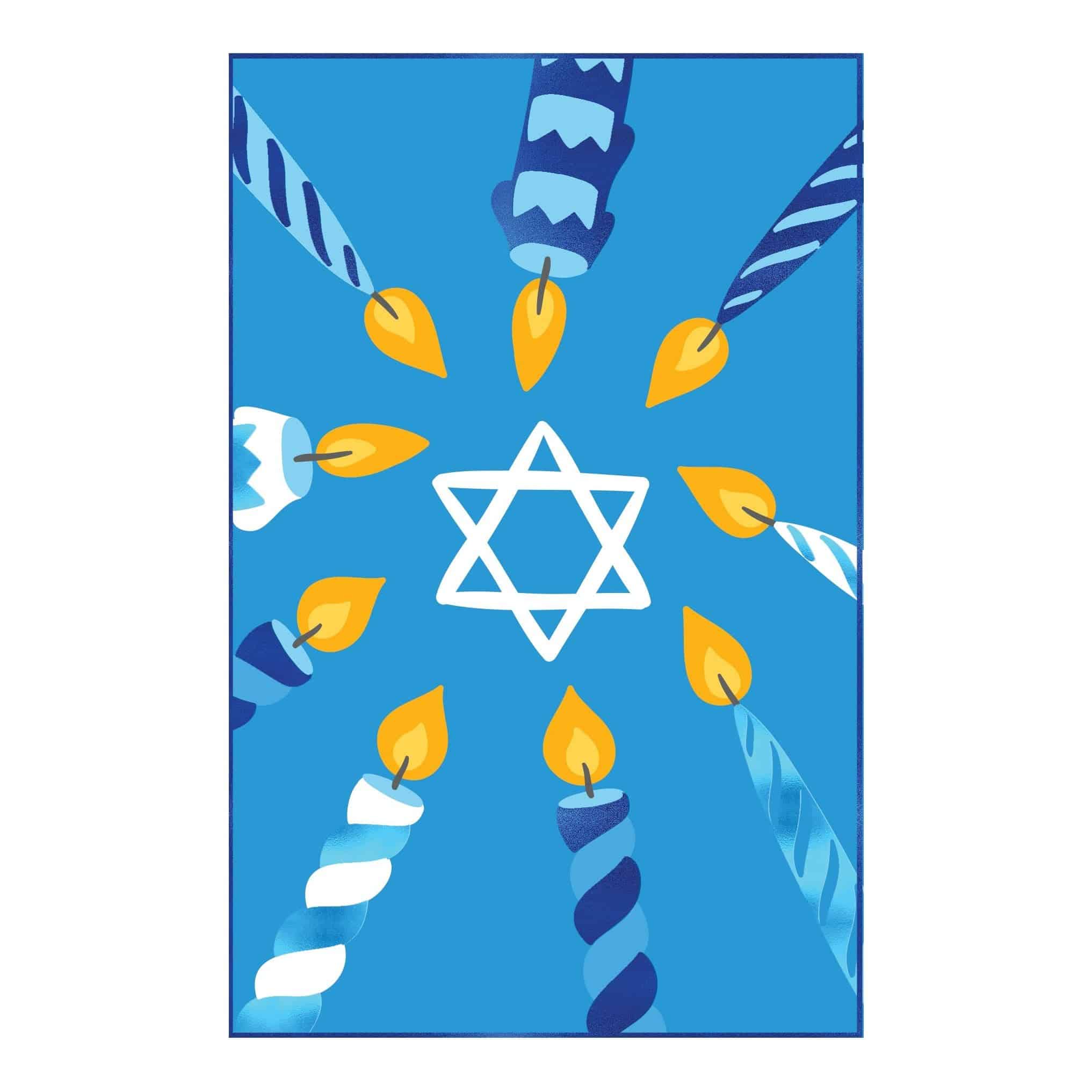 Hanukkah and Rosh Hashanah greeting card by Pictura featuring festive holiday symbols and colorful designs.